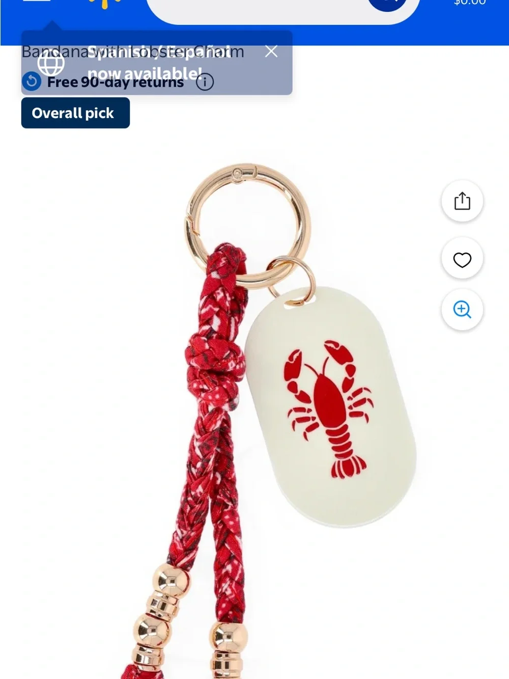 No Boundaries Women's Beach Bag Charm Red Bandana Lobster Charm key chain NWT